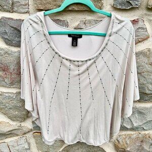 White House Black Market Cream and Silver Embellished Clam Shell Shirt Medium